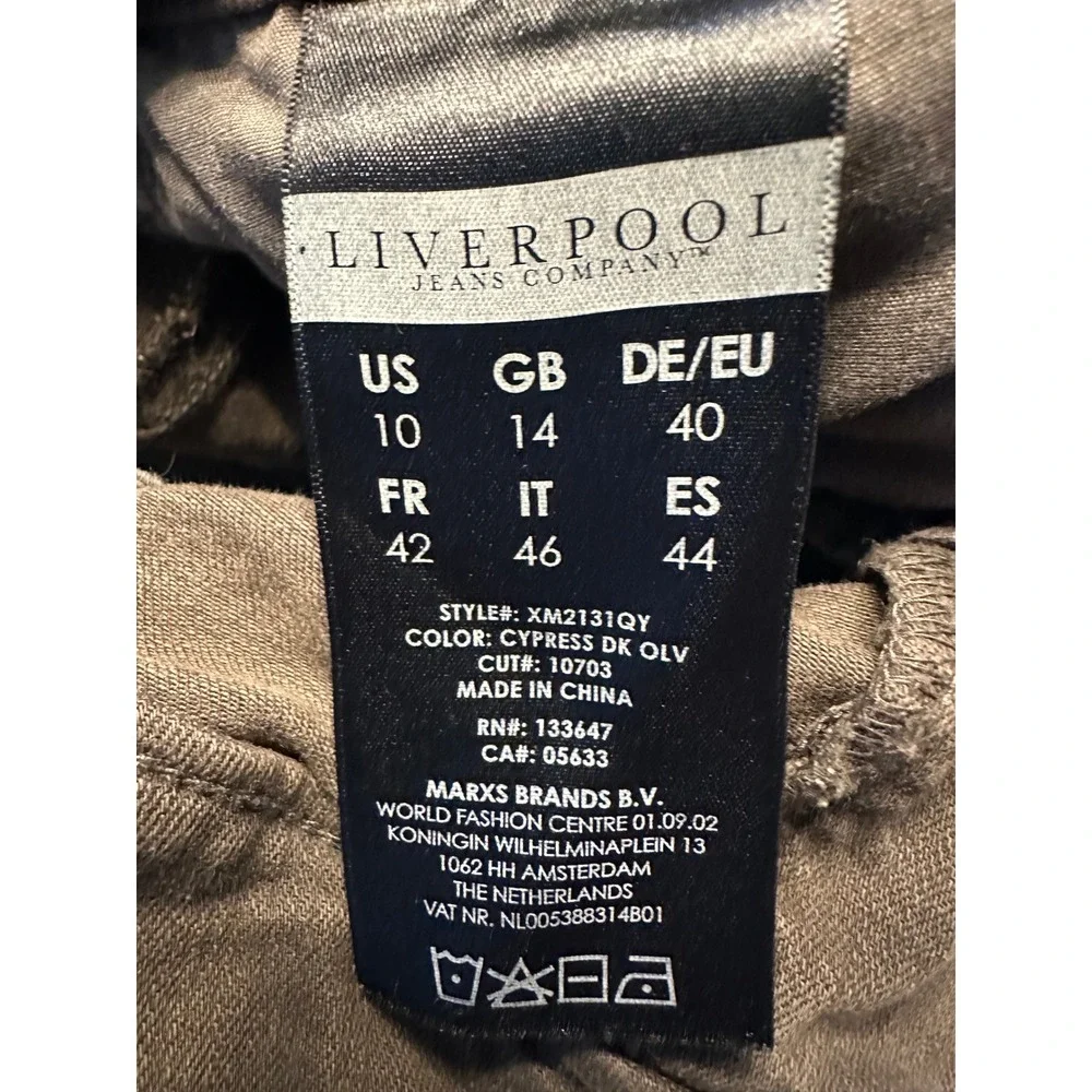 Liverpool Pants Women 10 Olive The Ankle Skinny XM2131QY Zipper Hem Mid Rise